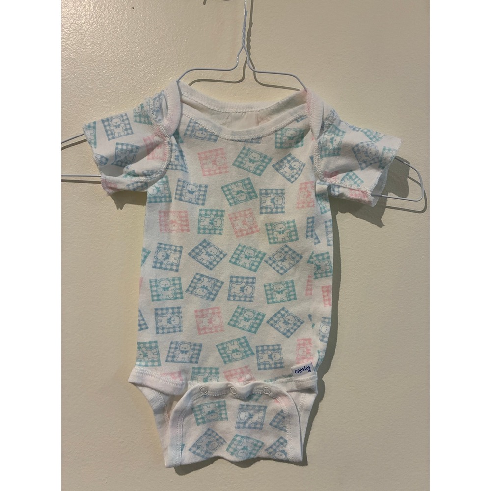 Gerber Onesies Vintage Teddy Bear Gingham Pastel Bodysuit White Pink Blue 3-6M
